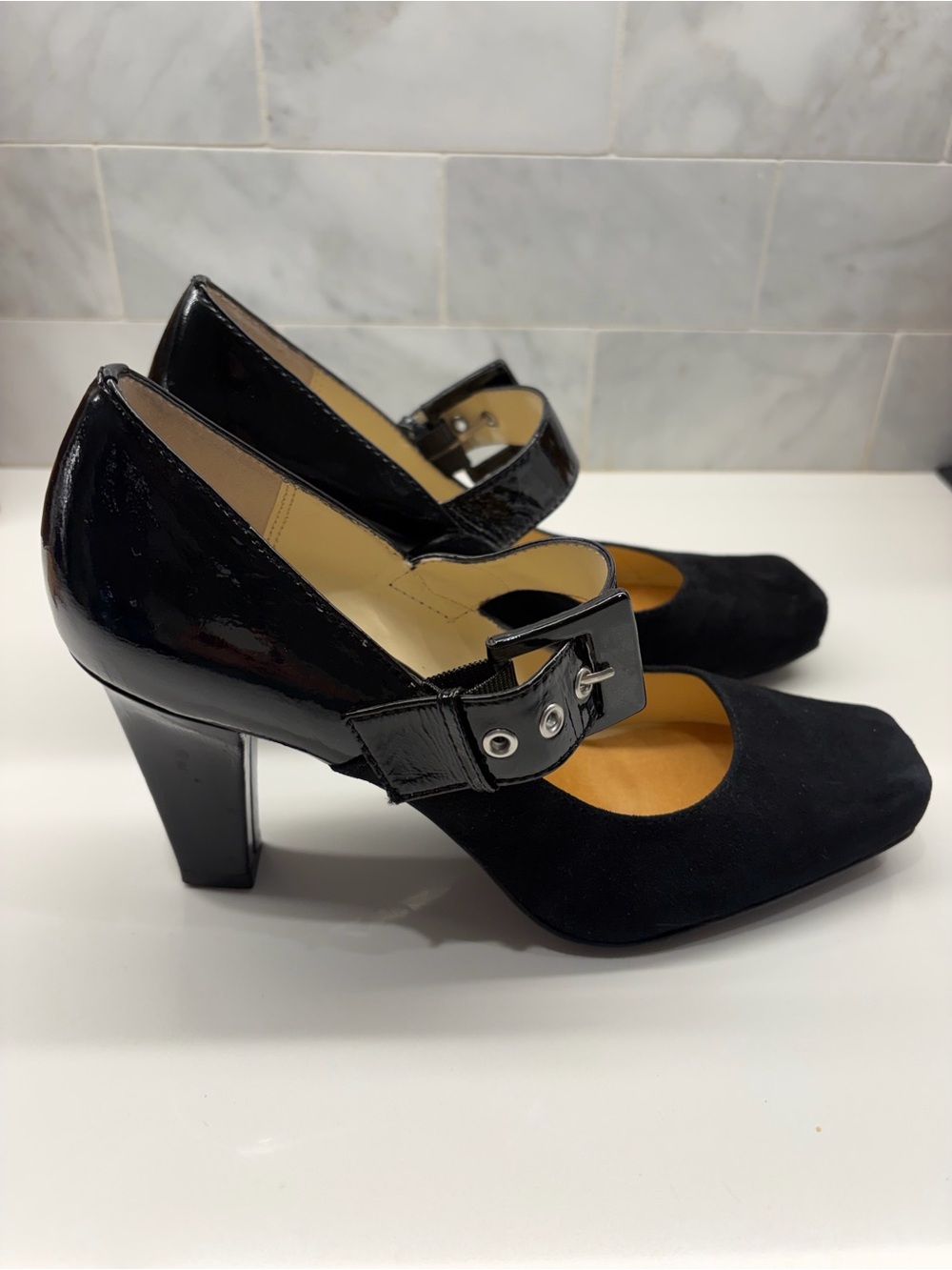 Franco Sarto Black Mary Jane Block Heel Women's Suede / Leather Pumps size 7